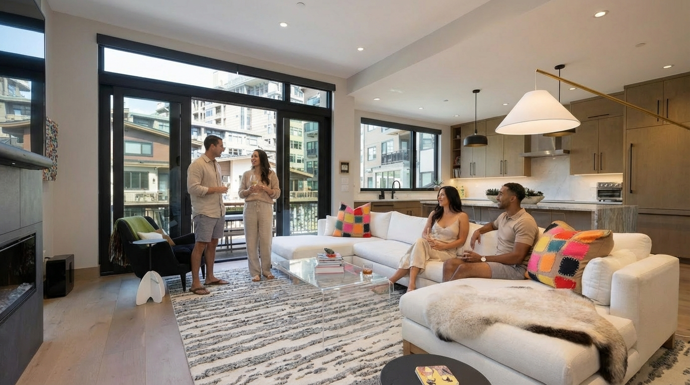 This is a bright and contemporary living room that features a large sectional couch with colorful throw pillows, a transparent coffee table, and a stylish area rug. The room has an open floor plan with access to a balcony and views of the neighborhood. The decor is modern and inviting, perfect for entertaining or relaxing.