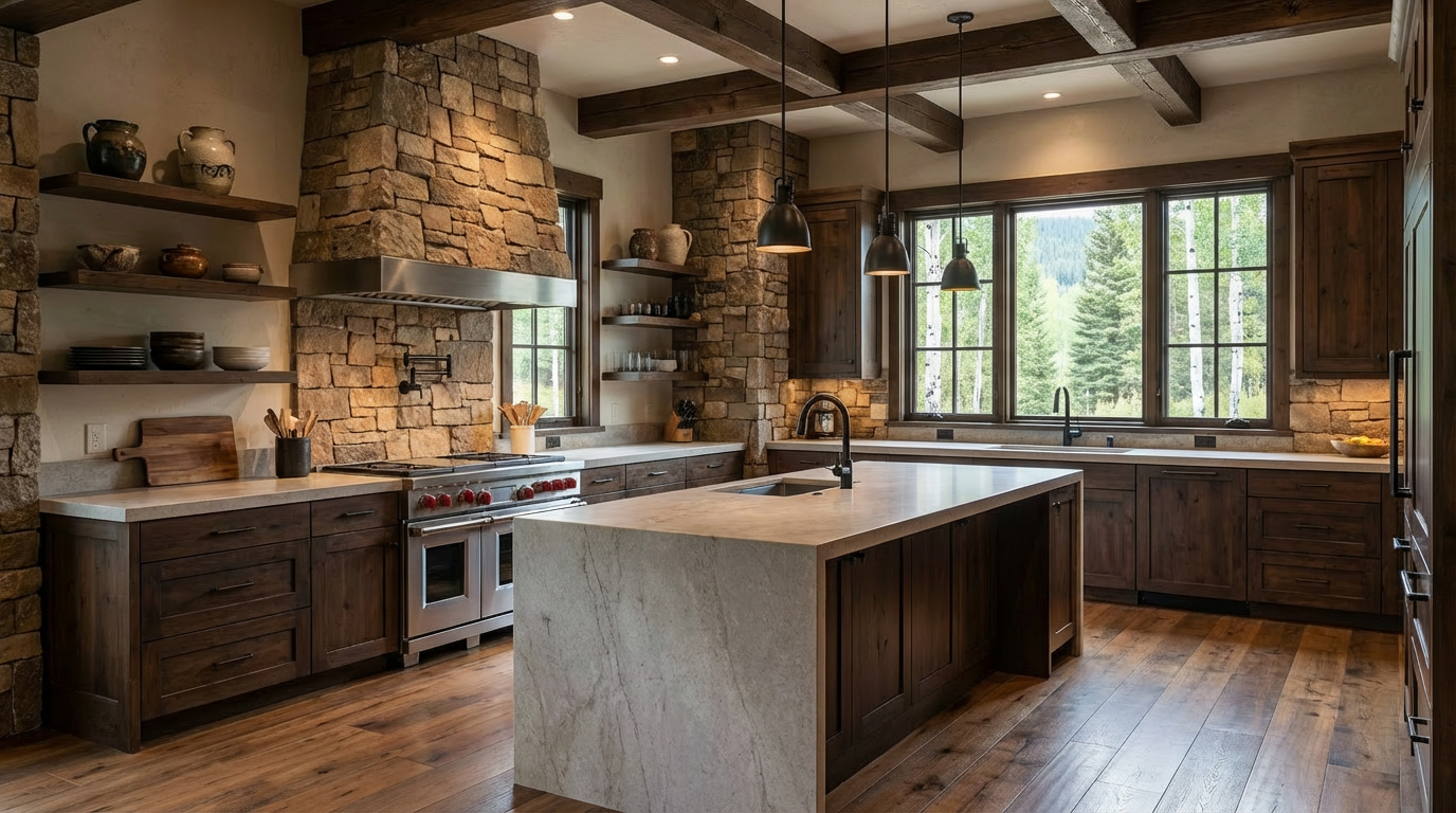 This image showcases a rustic kitchen with dark wood cabinetry, stone accents, and hardwood flooring. A large island provides ample counter space, and pendant lights hang above it. The room features a large window overlooking a forest, providing natural light and a scenic view.