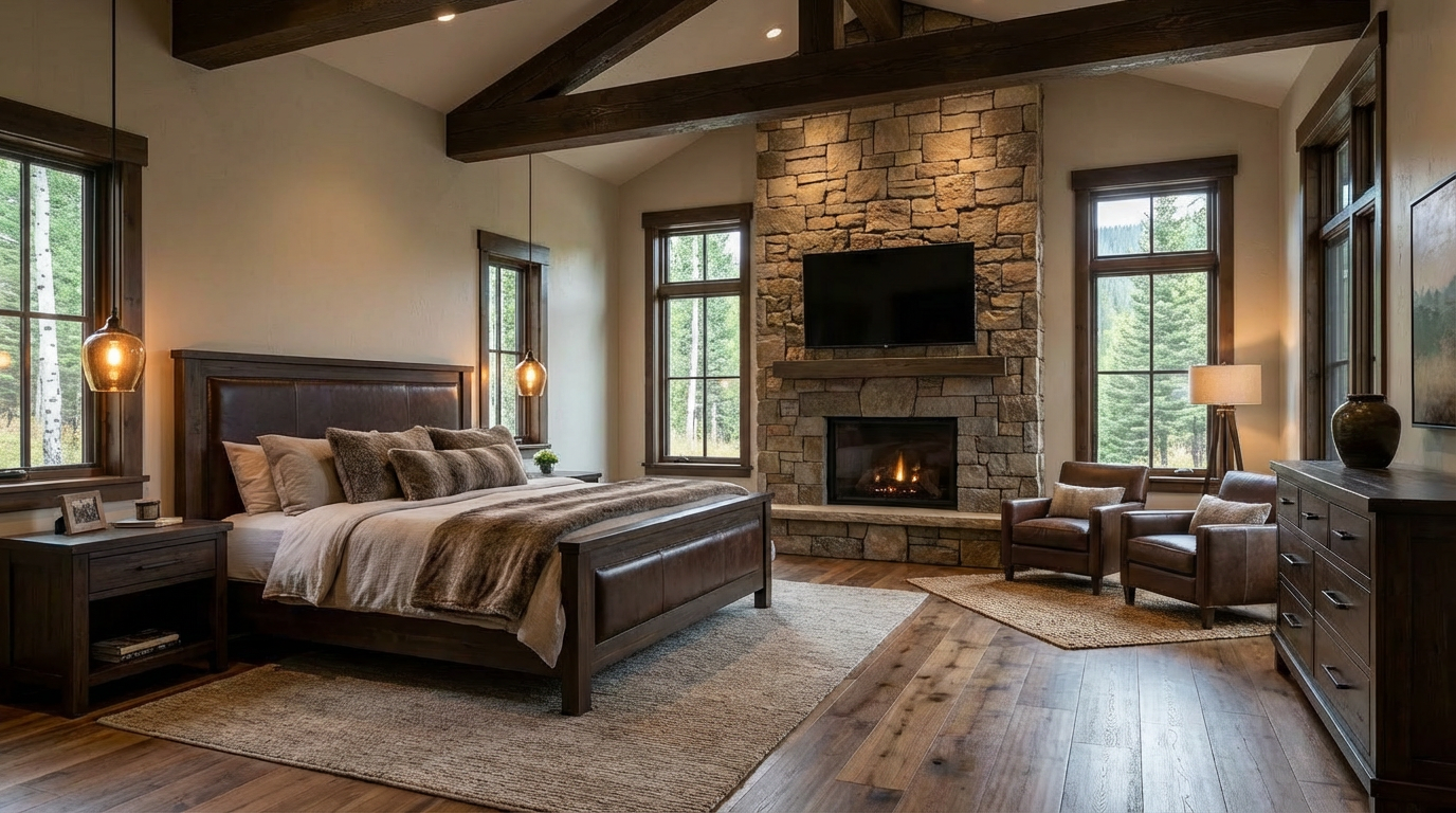 This is a luxurious primary bedroom featuring a king-size bed with a leather headboard and plush bedding. The room has a stone fireplace with a television above, flanked by windows. The design incorporates rustic wooden beams, hardwood floors and stylish lighting, creating a warm and inviting atmosphere.