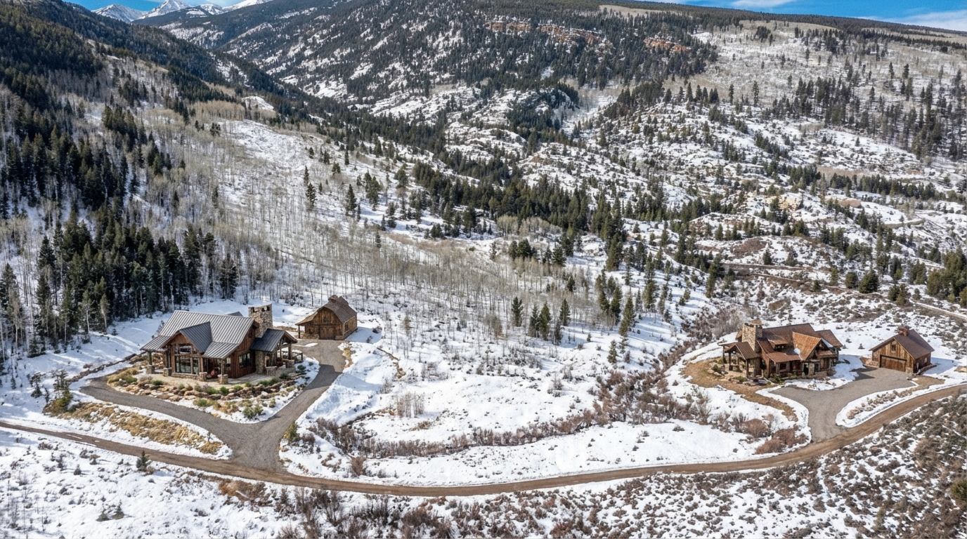 This aerial view showcases two stunning mountain homes nestled in a snowy, wooded landscape. Each property features rustic architecture with prominent rooflines and adjacent outbuildings, accessed by winding driveways. The setting emphasizes privacy and a connection with nature, ideal for a luxury real estate listing targeting buyers seeking a secluded retreat.