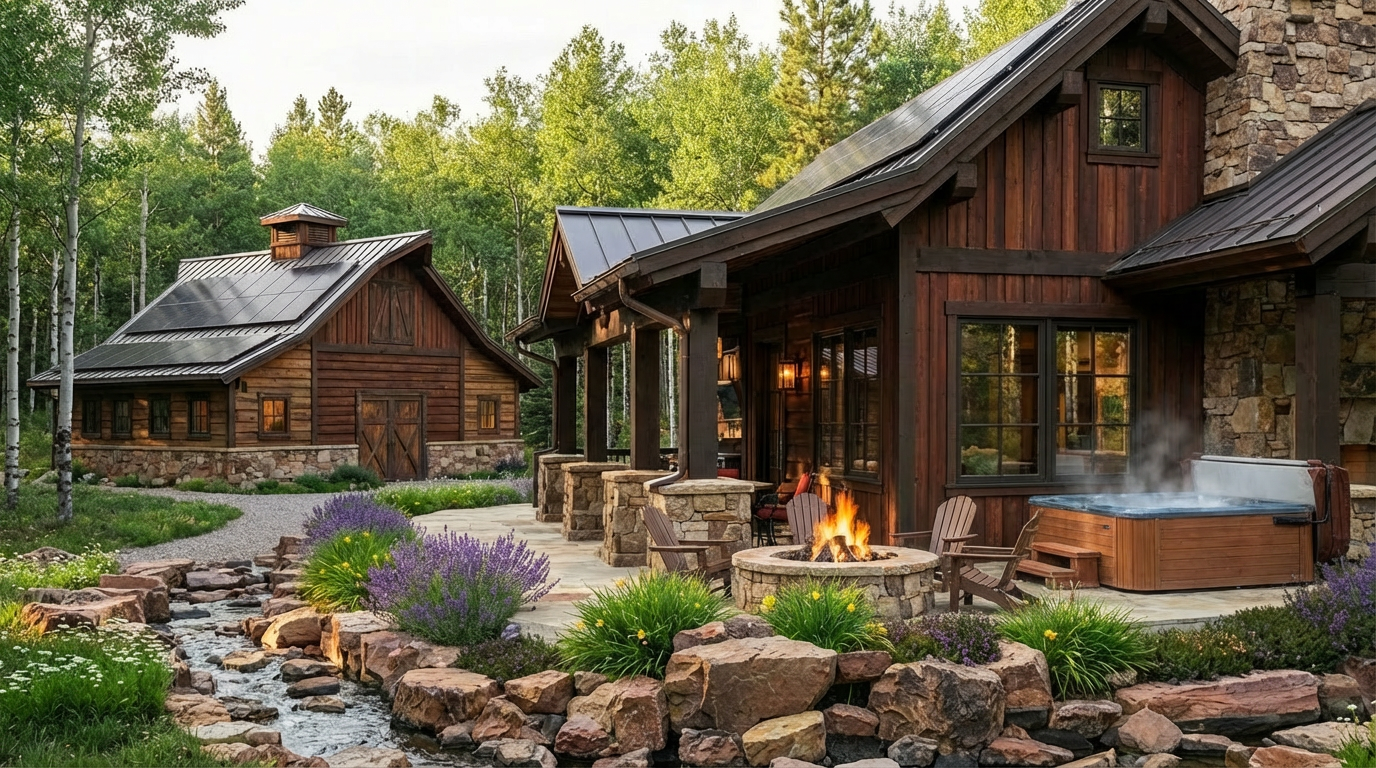 This exterior shot showcases a beautifully landscaped yard with a creek flowing through rocks and vibrant flowerbeds. A rustic wooden house with a stone base stands in the background, complemented by a modern hot tub and a cozy fire pit area. The scene exudes a sense of tranquility and luxury, suggesting a premium living experience in a natural setting.
