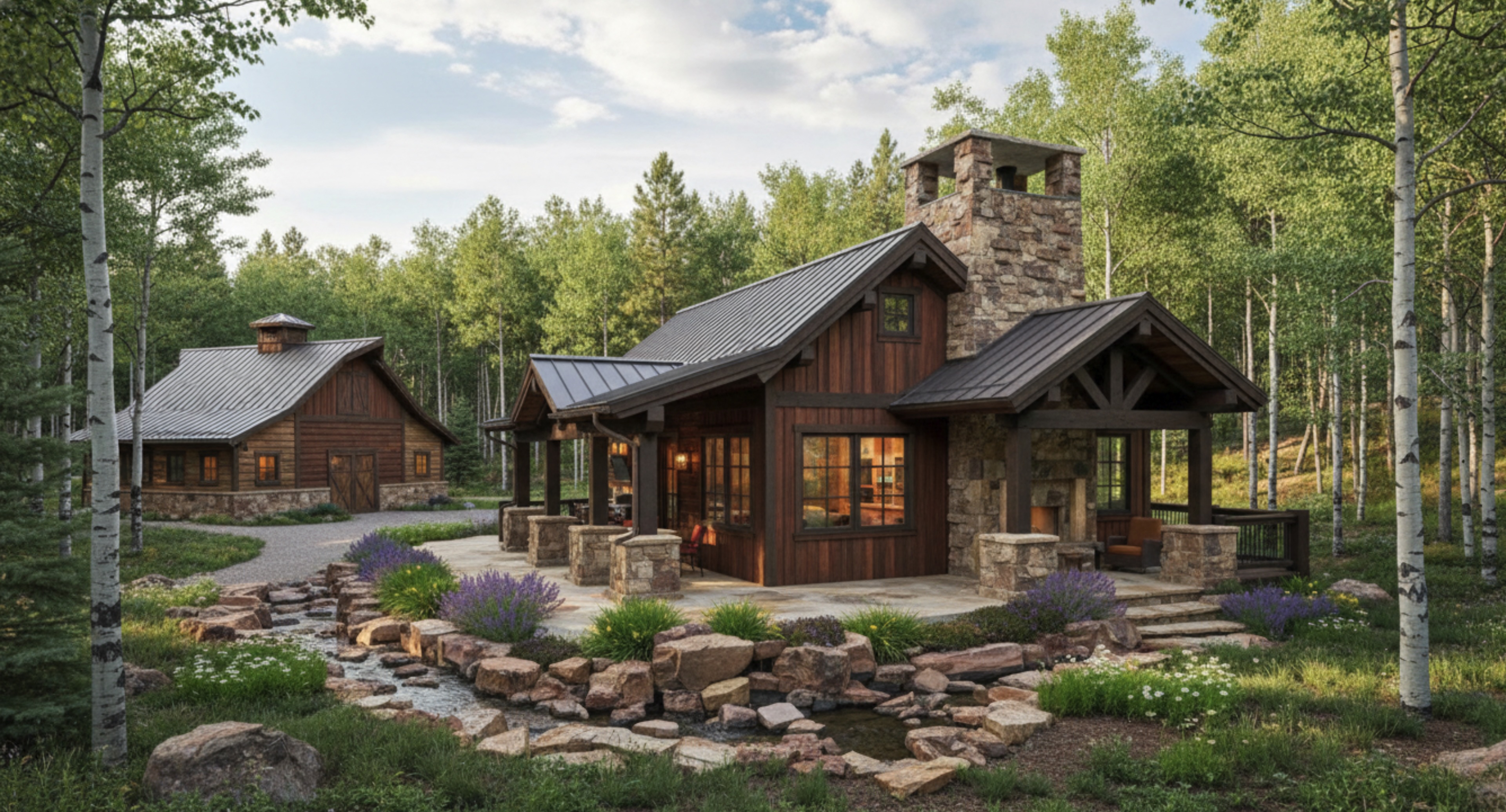 The image showcases a charming rustic home with a stone chimney and a metal roof. The exterior is clad in wood, complemented by stone accents on the pillars and around the base. A stream lined with rocks and landscaping adds to the property's appeal, suggesting a serene and inviting atmosphere.