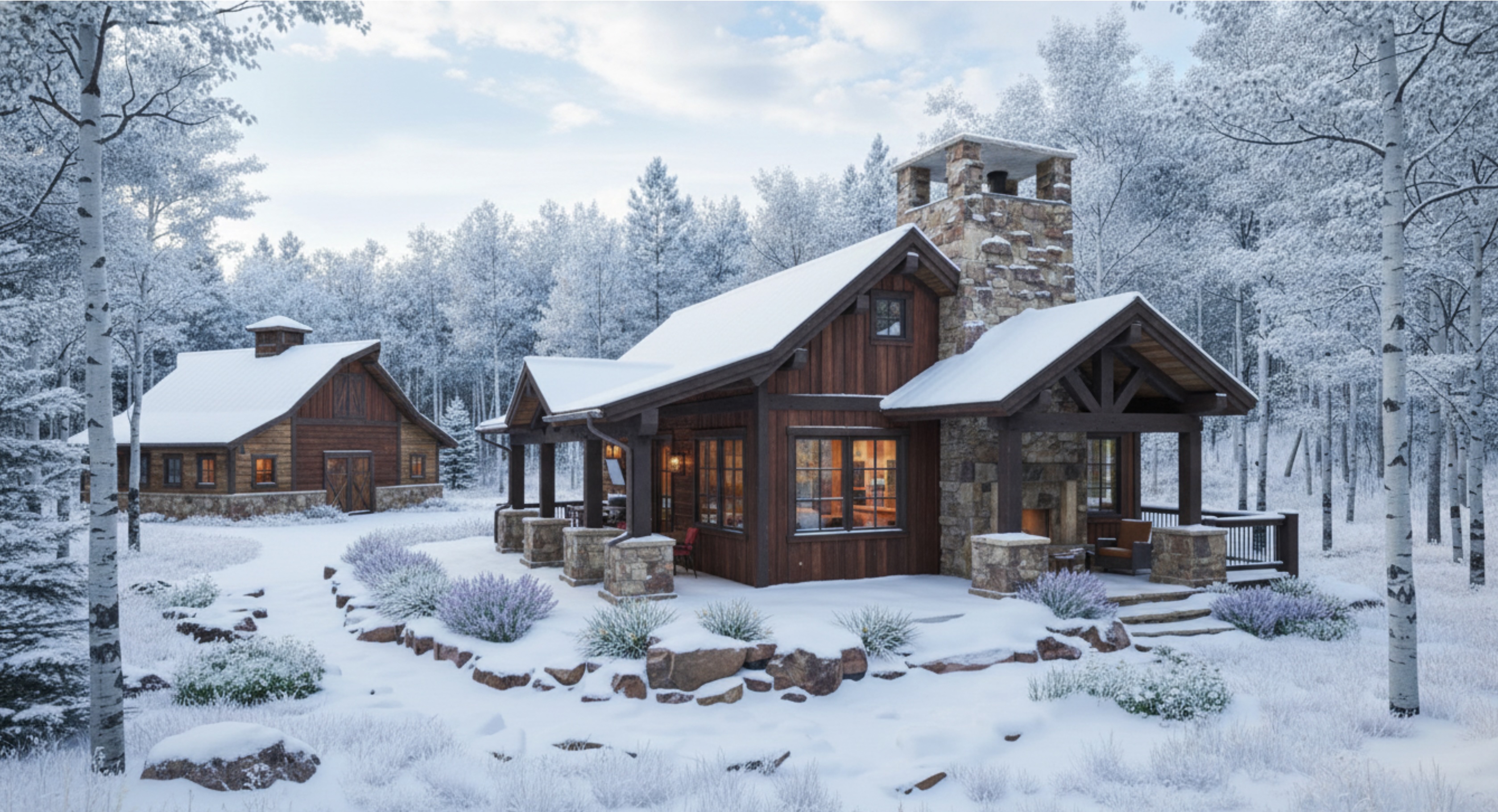 The image showcases the front exterior of a charming log cabin nestled in a winter forest. The cabin features a stone chimney, inviting porch, and snow-covered roof, creating a cozy and picturesque setting. A smaller log structure is visible to the side, suggesting a guest house or outbuilding, and the landscaping is tastefully done with snow-covered shrubs and rocks.