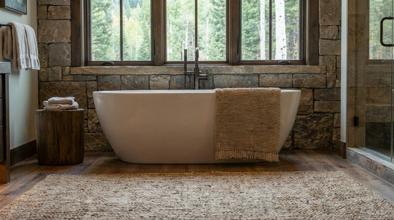 This is a luxurious primary bathroom featuring a freestanding white soaking tub positioned beneath a large window with views of trees. The walls are clad in stone, and there is a rustic wooden stool next to the tub, along with a plush rug on the wood floor. The overall impression is one of relaxation and upscale comfort.