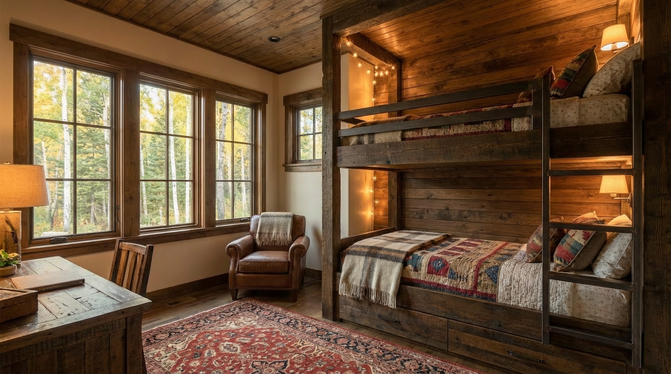 The image showcases a cozy bedroom with a rustic design. A prominent wooden bunk bed with built-in ladder and lighting is the focal point, complemented by a comfortable chair and a desk near the large windows that provide natural light. The space is styled with a patterned rug and wooden accents, creating a warm and inviting atmosphere.
