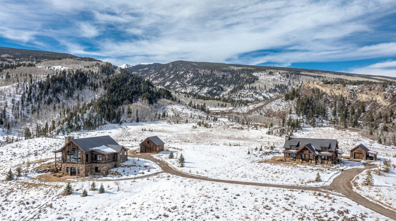This aerial view showcases an expansive property featuring two stunning log homes complemented by rustic outbuildings. The homes blend seamlessly with the snowy landscape and mountainous backdrop, creating a picturesque scene. A winding gravel driveway connects the buildings, enhancing the property's secluded and luxurious appeal.