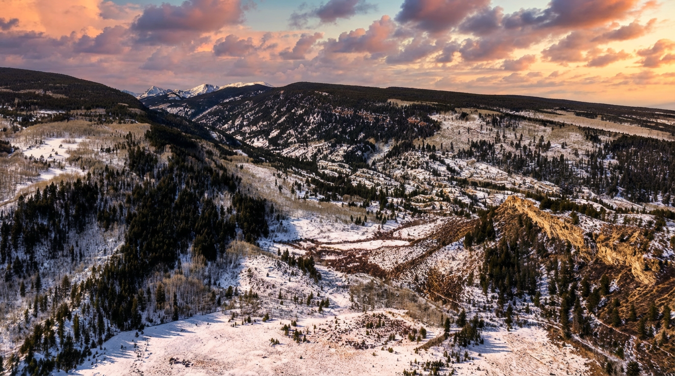 This is an aerial view showcasing a mountainous landscape covered in snow and some trees. The lighting suggests it may be during sunset, contributing to the beautiful scene. It provides a sense of scale and the potential environment surrounding a property in this region.