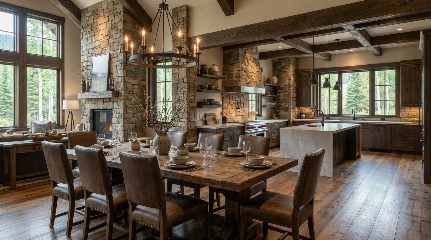 This is a well-lit dining room featuring a large wooden table set for a meal with substantial leather chairs. A rustic chandelier hangs above the table. The room incorporates stone features, including a fireplace and columns creating a warm, inviting ambiance, complemented by hardwood floors.