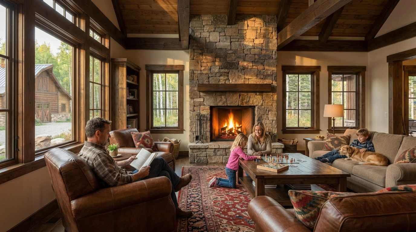 This inviting living room features a grand stone fireplace as a focal point, complemented by exposed wooden beams on the ceiling. Large windows provide ample natural light and views of the exterior. Comfortable leather armchairs and a cozy sofa offer plenty of seating for relaxation.