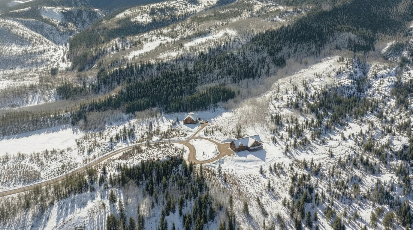 This aerial shot captures a stunning mountain property blanketed in snow. Two log-style cabins are nestled among the trees, connected by a winding driveway. The landscape showcases a mix of evergreen forests and snow-covered slopes, creating a serene and secluded atmosphere.
