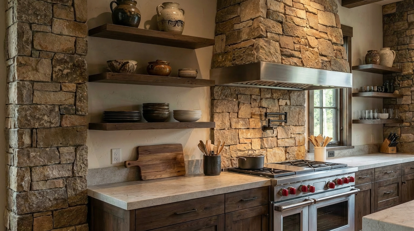 This is a well-appointed kitchen featuring stone walls and dark wood cabinetry. The stainless steel range and hood provide a modern contrast with the rustic stone. Open shelving displays decorative items, creating a warm and inviting atmosphere.