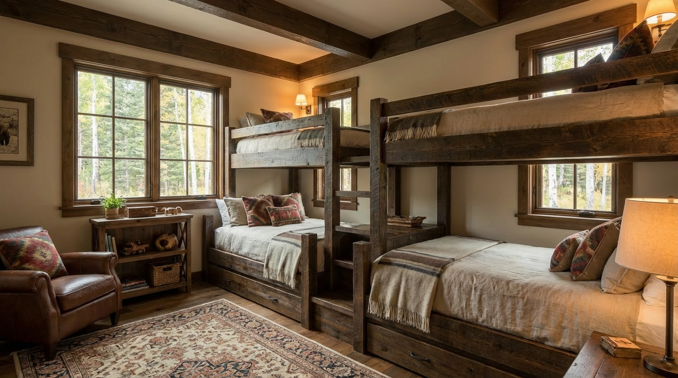 This is a cozy bedroom featuring two sets of rustic bunk beds crafted from dark-stained wood. The space is well-lit by natural light streaming through the windows, and the decor includes a comfortable leather armchair and a patterned area rug. The room has a warm and inviting atmosphere, perfect for a vacation home or guest room.