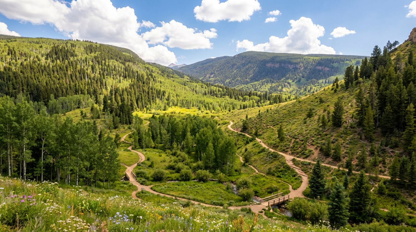 The image showcases a vibrant mountain landscape with a hiking trail winding through lush greenery and wildflower meadows. A small wooden bridge crosses a stream, adding to the rustic charm. Towering trees and rolling hills create a picturesque backdrop, suggesting a serene and nature-filled setting.