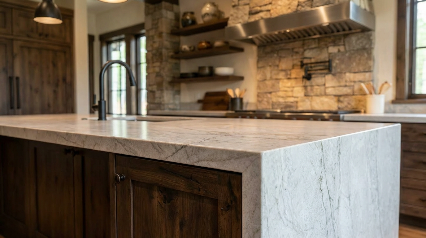 This image showcases a kitchen interior with a focus on the island and countertop. The island features dark wood cabinetry and a light-colored, possibly marble, countertop with subtle veining. In the background, there's a stone backsplash and an open shelving unit, adding to the kitchen's rustic yet modern ambiance.
