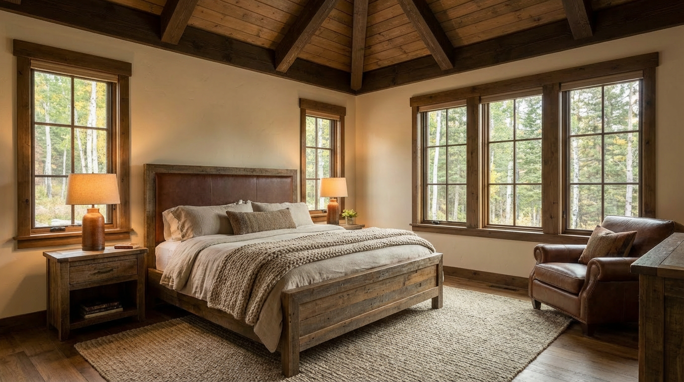 This primary bedroom features a rustic design with exposed wooden beams on the ceiling and wood-framed windows providing natural light. The bedroom includes a large bed with a leather headboard, matching wooden nightstands topped with lamps, and a comfy chair. A warm rug adds texture to the wooden floors, creating an inviting and comfortable space.
