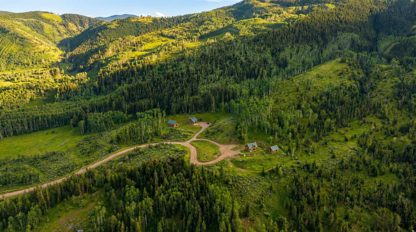 This is an aerial view of a beautiful property featuring multiple cabins nestled within a lush, green forest. The cabins appear well-maintained and create a secluded, retreat-like environment. A dirt road connects the cabins, adding to the property's rustic charm.