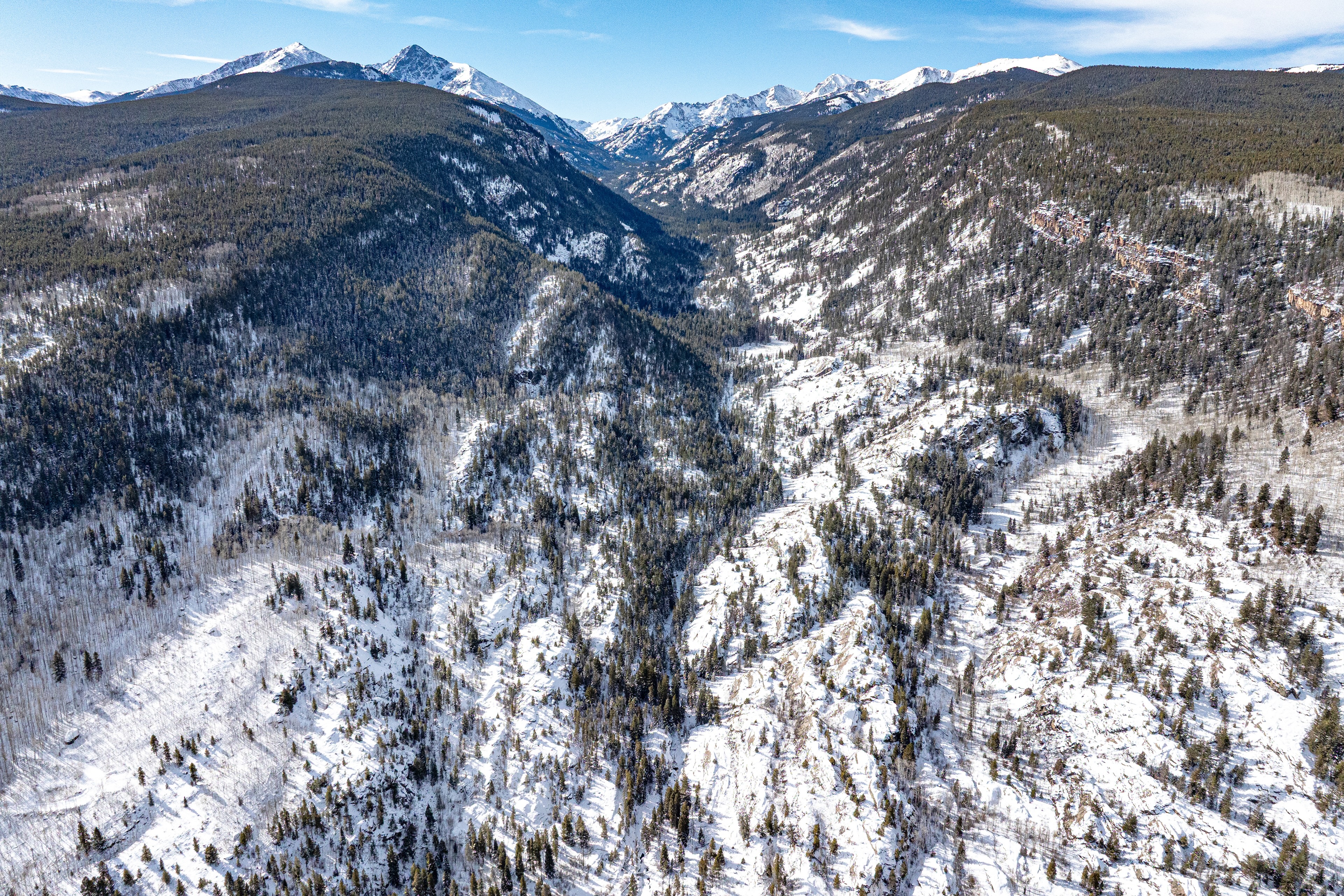 This aerial view showcases a vast mountain range partially covered in snow. The landscape is primarily forested with evergreen trees, and snow is present in varying amounts across the terrain offering a wintery feel. The sky is clear and blue, providing a serene backdrop to this natural scene.
