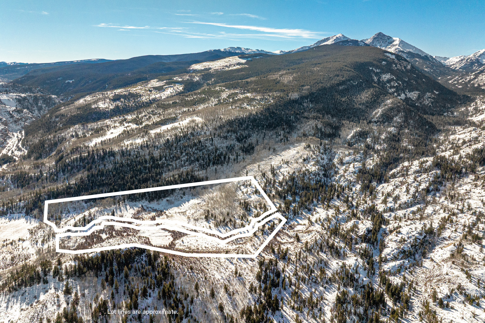 This aerial view showcases a vast property with snow-covered mountains in the background. The landscape is a mix of dense evergreen forests and open, snow-covered areas. The property lines are highlighted, giving potential buyers a clear idea of the lot's boundaries.