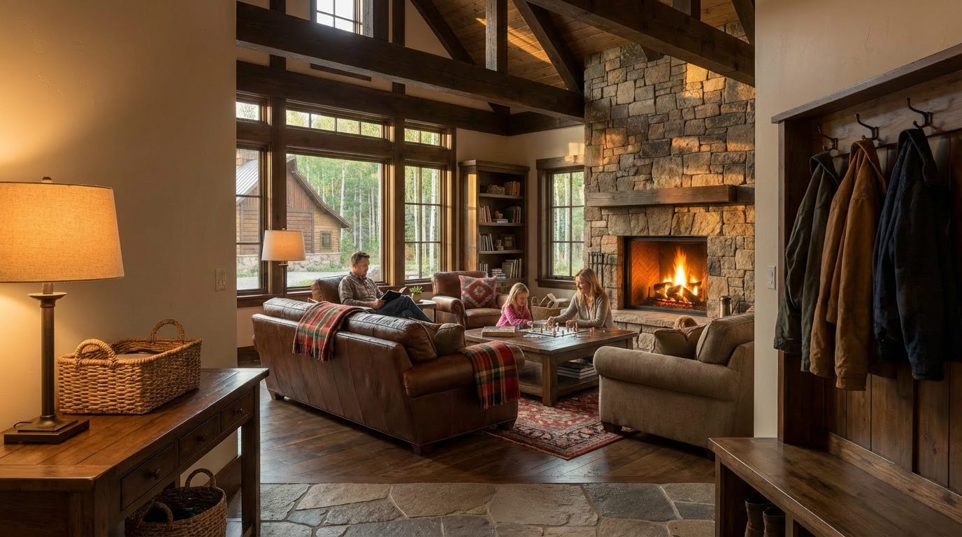 This is an inviting living room with vaulted ceilings and exposed wooden beams. A stone fireplace with a wooden mantel serves as a focal point, creating a cozy atmosphere. Comfortable leather seating and natural light from large windows enhance the warmth and appeal of the space, while a family enjoys quality time together.