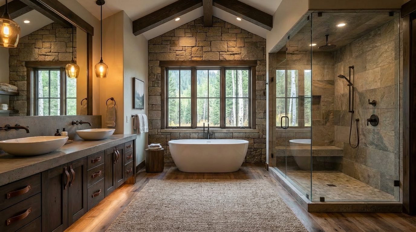This is a luxurious primary bathroom featuring a double vanity with vessel sinks and dark wood cabinetry. A freestanding tub sits beneath a large window offering a view of the outdoors. The shower is enclosed in glass and has stone tile walls, creating a spa-like atmosphere.