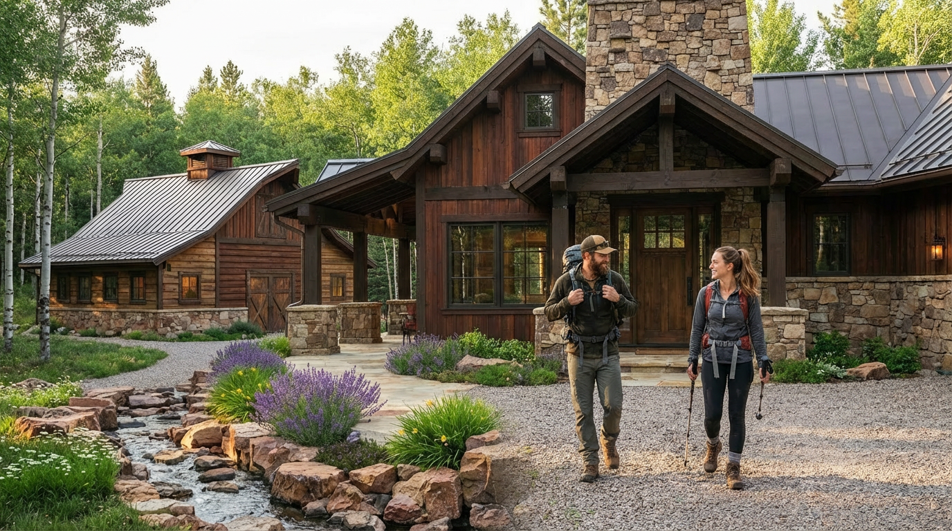 This is an exterior shot of a rustic home with stone and wood features and a metal roof. A well-manicured yard, complete with a rock-lined stream and gravel driveway, adds to the property's appeal. Two hikers are walking up to the house, further enhancing the inviting atmosphere.