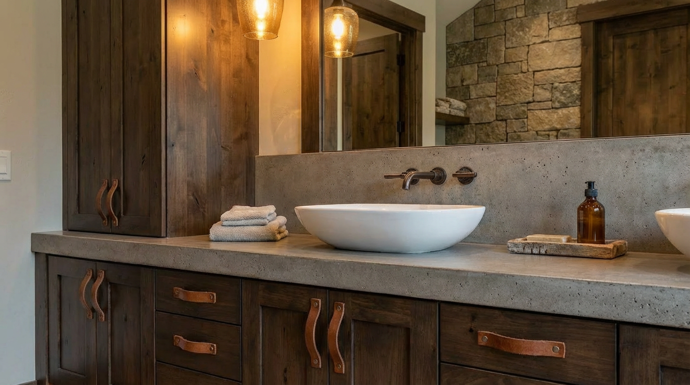 This is a tastefully designed primary bathroom. It features a double vanity with a concrete countertop, vessel sinks, and unique leather drawer pulls. The rustic wood cabinetry, stone accent wall, and modern light fixtures create a warm and inviting spa-like atmosphere.