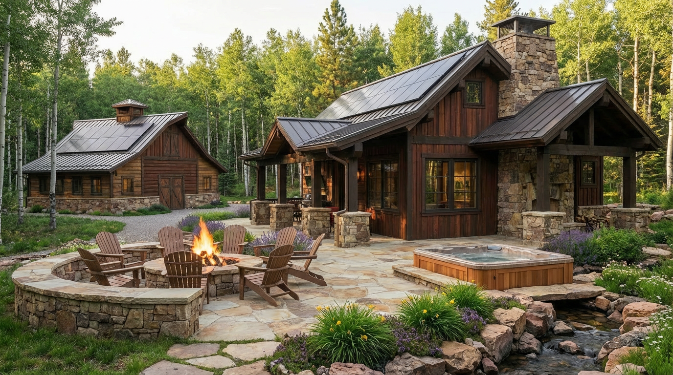 This image showcases a beautifully landscaped backyard featuring a rustic cabin and a luxurious outdoor living space. A stone fire pit surrounded by Adirondack chairs offers a cozy gathering spot, while a nearby hot tub provides relaxation. The meticulously maintained garden and natural stream add to the property's appeal, creating a serene and inviting atmosphere.