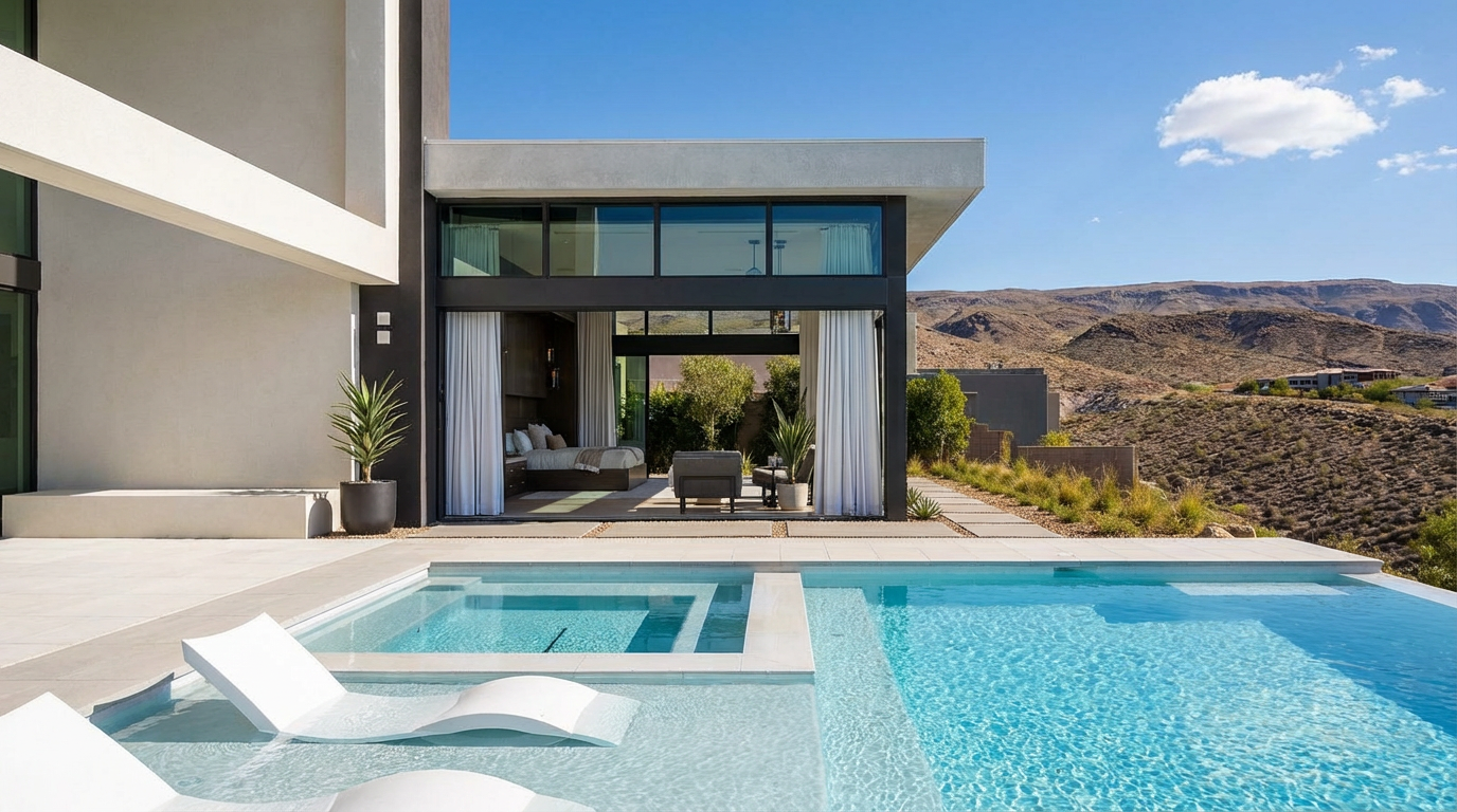 This image showcases a luxurious outdoor pool and spa area. The modern design features clean lines and a seamless connection between the indoor space and the pool area. The backdrop includes a scenic view of mountains, enhancing the property's appeal and providing a sense of privacy.