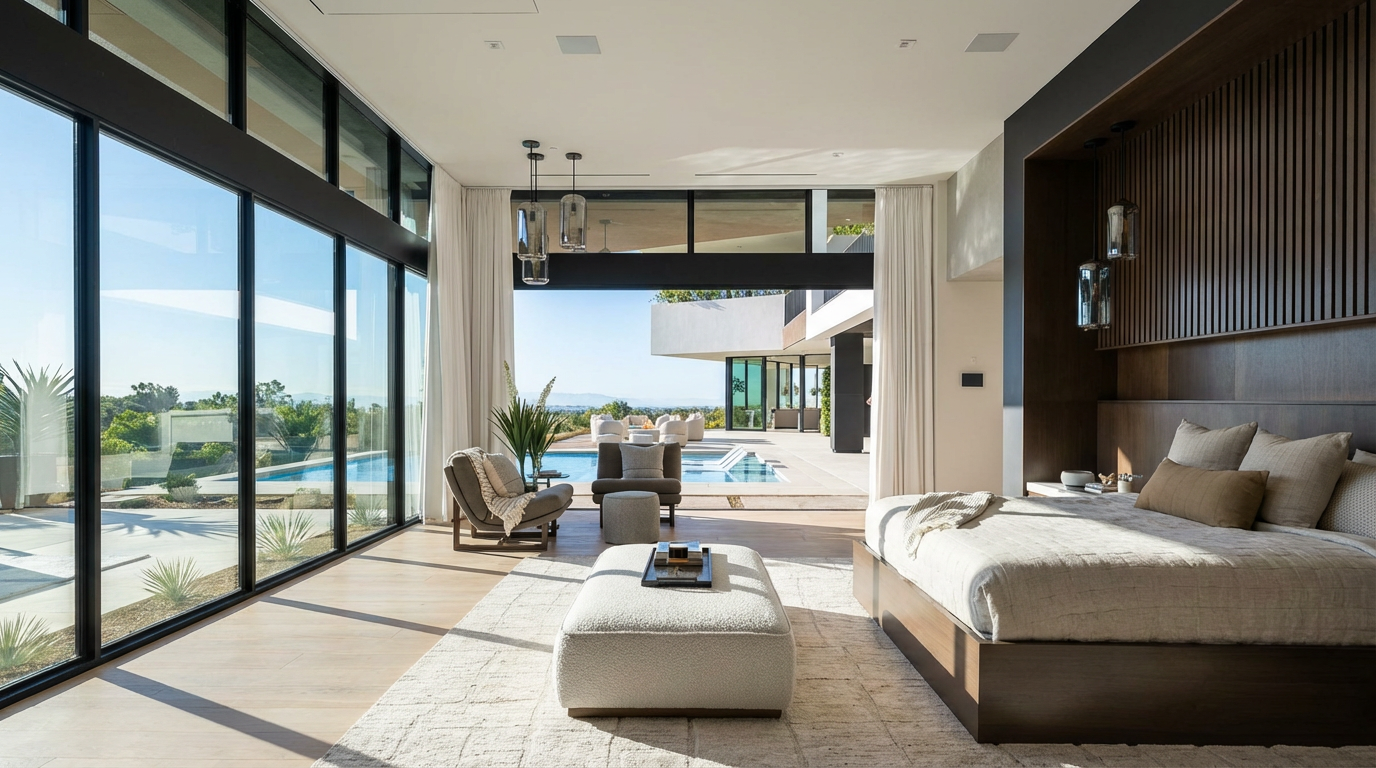 This is a luxurious primary bedroom with a modern design that offers an indoor-outdoor living experience. Glass walls provide expansive views of the pool and backyard, bringing natural light into the space. The room features sophisticated dark wood detailing, stylish light fixtures, and a neutral color palette, creating a serene and inviting atmosphere.