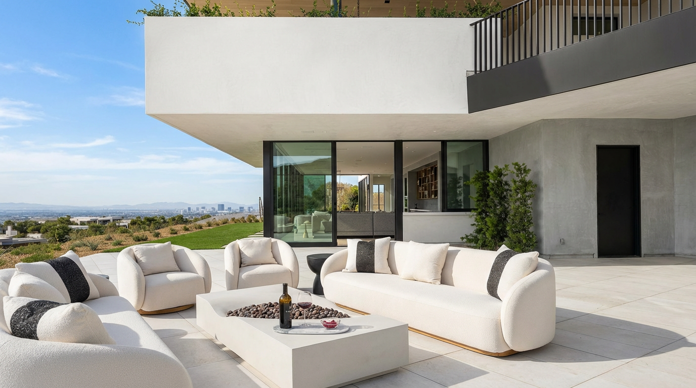 This exterior shot showcases a modern patio or balcony with stylish outdoor furniture including a large sectional sofa, armchairs, and a concrete fire table. The design emphasizes clean lines and neutral tones, creating a sophisticated and inviting outdoor living space. There are large windows that provide a view inside and a city view beyond.
