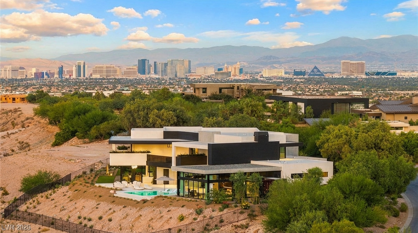 This image showcases an aerial view of a modern home situated on a hillside, offering panoramic views of the Las Vegas skyline. The house features a contemporary design with clean lines, a black and white color scheme, and a private pool. The landscape includes desert-like vegetation and highlights the property's elevated position above the city.