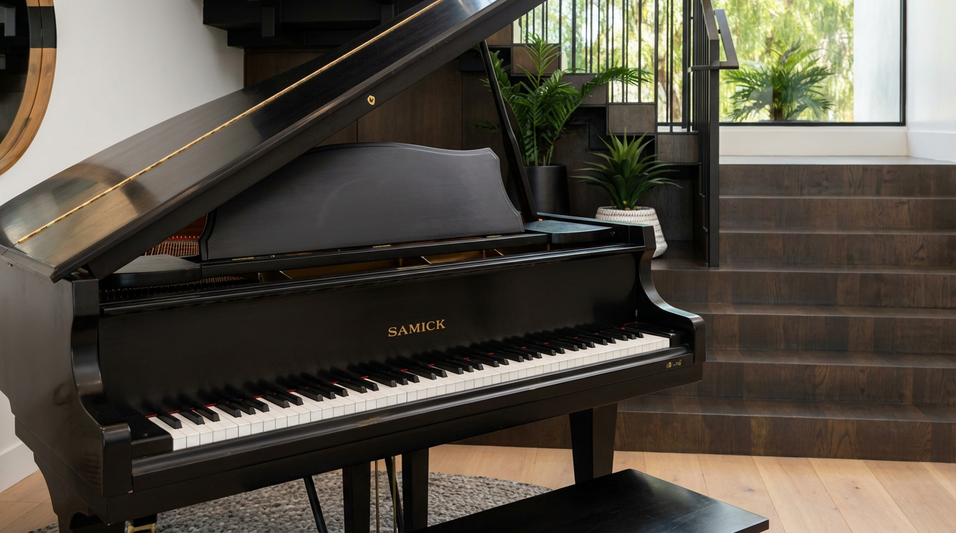 This image showcases a living room featuring a grand piano, which serves as the focal point. The space incorporates dark hardwood stairs leading upwards, accented by modern black railings and interspersed with vibrant potted greenery. The warm lighting and earthy tones create a sophisticated and inviting atmosphere.