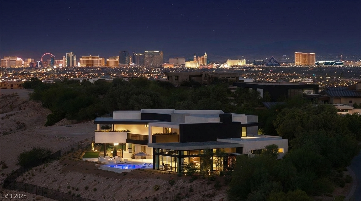 This image showcases the rear exterior of a modern luxury home at night, with the Las Vegas skyline prominently displayed in the background. The home features a sleek design with a pool and patio area, perfect for outdoor entertaining. Large windows offer stunning city views, enhancing the overall appeal of this hillside property.