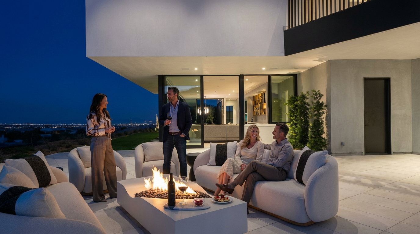 This image showcases a sophisticated outdoor living space, featuring a modern patio with plush, curved seating around a fire pit. The area is adorned with a sleek, low coffee table presenting wine and appetizers, perfect for entertaining. The minimalist architecture of the home, combined with ambient lighting, creates an inviting and luxurious ambiance for potential buyers.