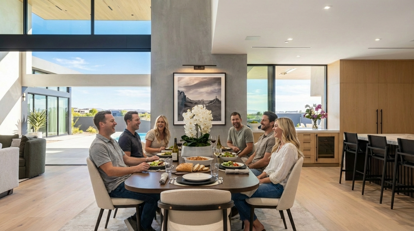 The image showcases a stylish dining room featuring a large oval table surrounded by modern chairs. A striking piece of artwork hangs on the wall, illuminated by a picture light. The room is well-lit with natural light streaming through expansive windows, and the open floor plan enhances the sense of space and connection to the outdoor living area and pool, ideal for entertaining.