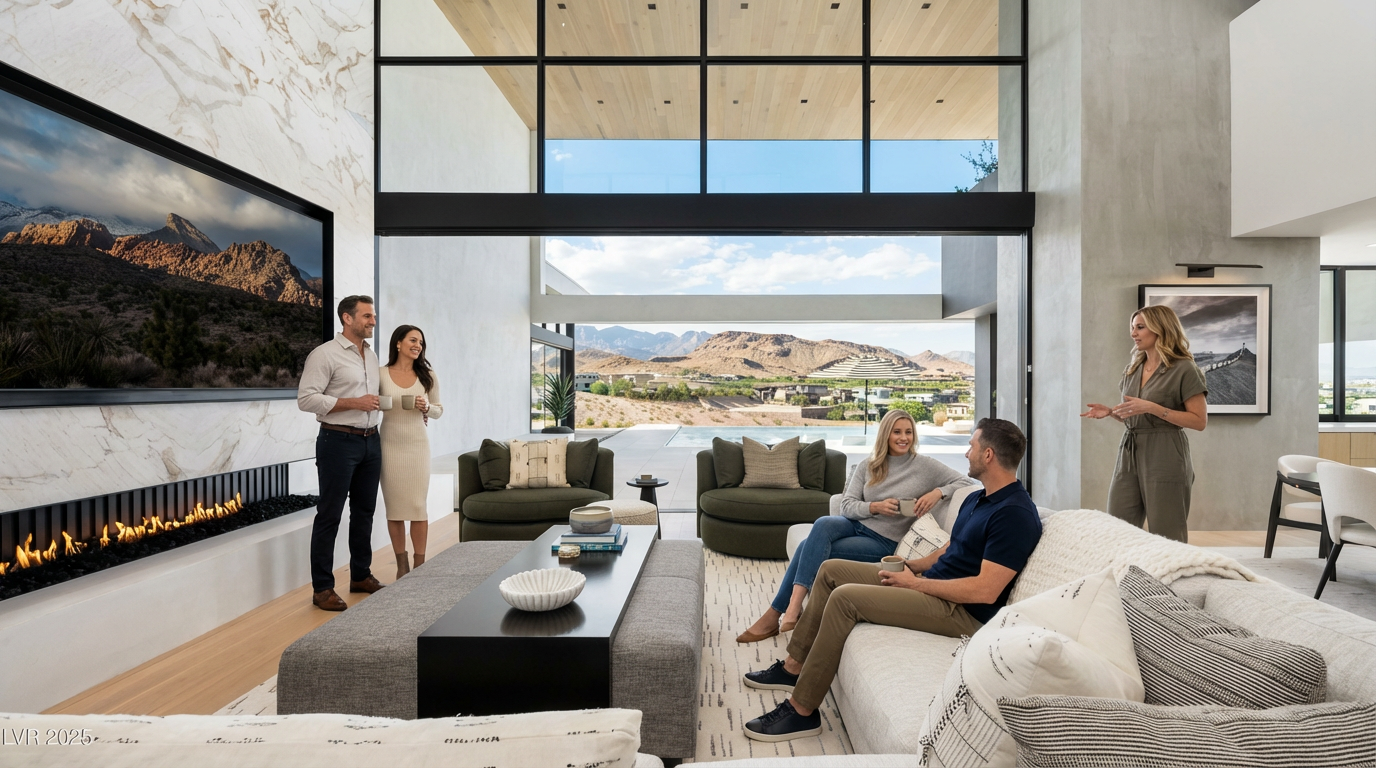 This is a bright and spacious living room with modern design elements. The open floor plan transitions seamlessly to an outdoor view. It features a fireplace, large windows, and contemporary furniture providing a stylish and comfortable living space.