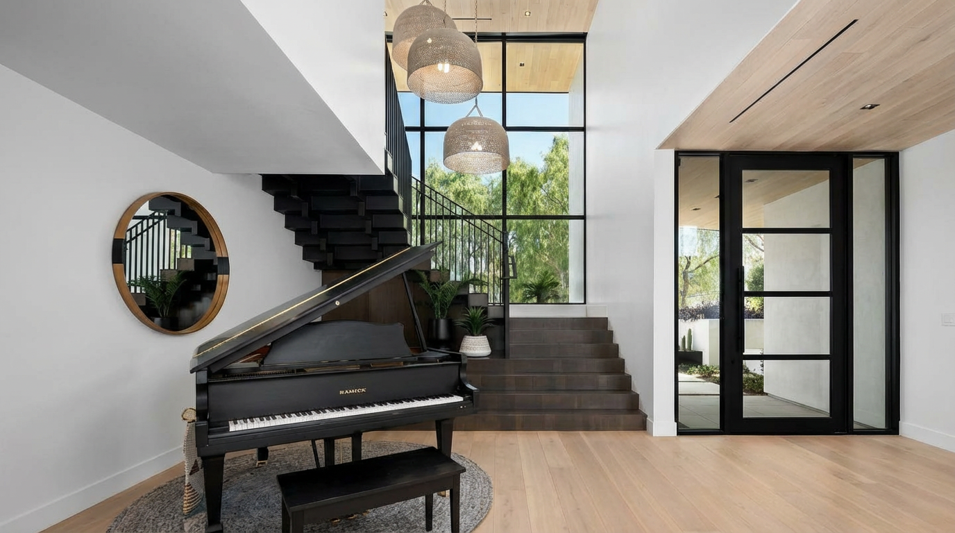 The image showcases a grand and modern entryway featuring a striking staircase design. A black grand piano sits adjacent to the stairs, adding an elegant focal point. Large windows provide ample natural light, highlighting the contemporary architecture and creating a spacious and inviting atmosphere.