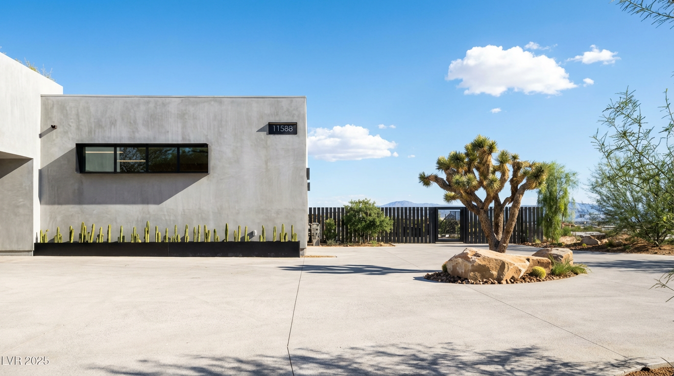 This is a front exterior view of a modern home with a minimalist architectural style. The facade features a concrete wall with a horizontal window and linear cacti landscaping. A desert-style front yard includes native trees and rock features, emphasizing the property's integration with the natural environment.