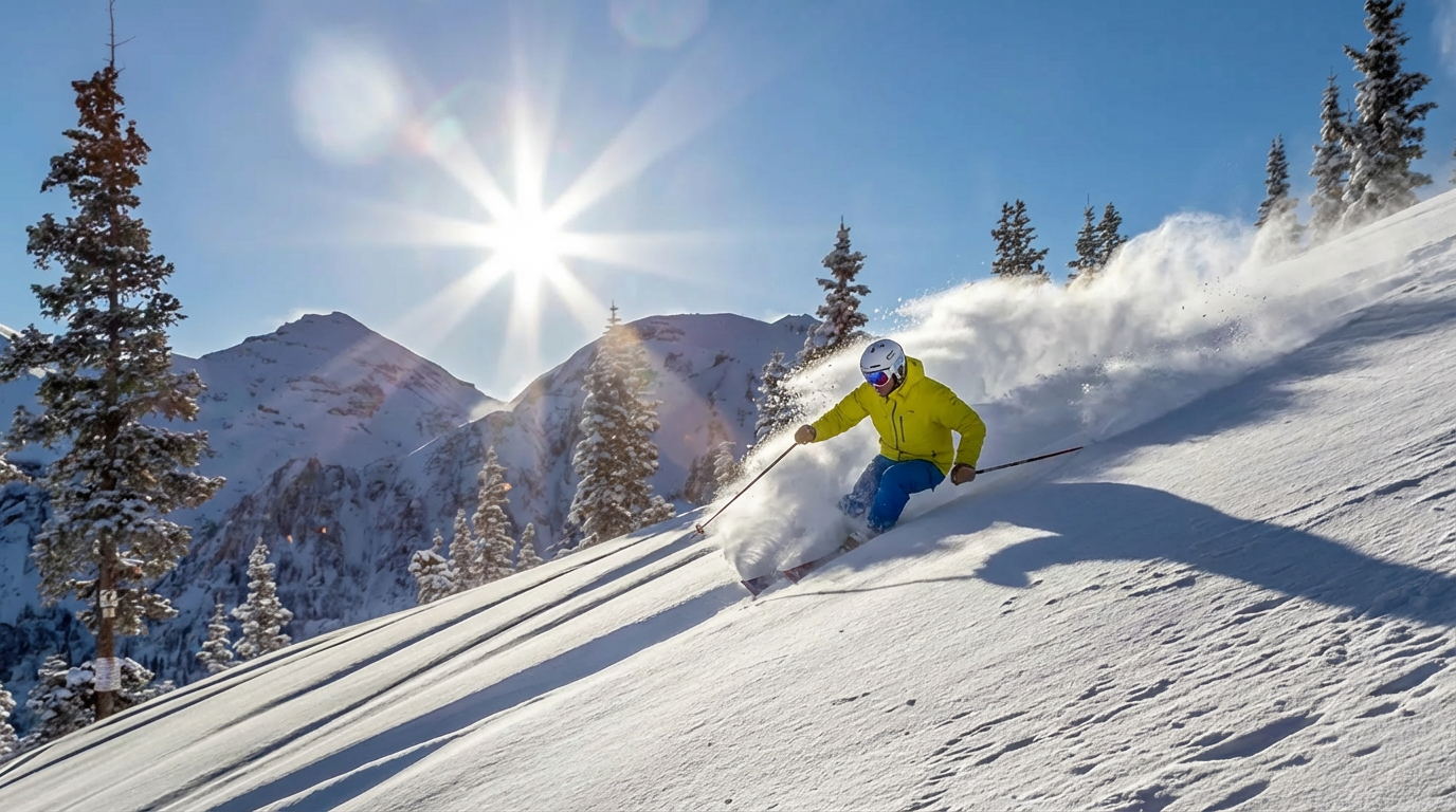 This image depicts a skier in a snowy mountain landscape with snow-covered trees and a bright sun. The scene showcases the potential for recreational activities in this outdoor setting. The image would be attractive to buyers interested in a property offering a connection to winter sports and scenic mountain views.