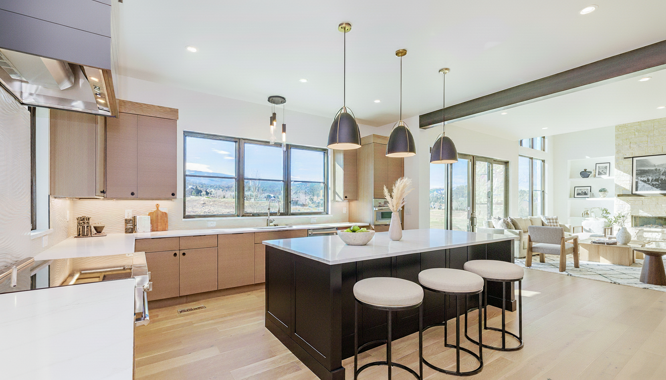 The image showcases a modern kitchen with sleek, handleless cabinets in a light wood tone complemented by a dark island accented with white countertops. Contemporary pendant lighting hangs above the island, and large windows provide ample natural light and views of the outdoors. The open layout seamlessly connects the kitchen to the living area, creating a welcoming and spacious atmosphere.
