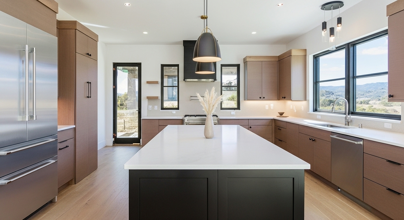 The image showcases a modern kitchen with wood-grain cabinetry and a large center island with a white countertop and a dark base. Stainless steel appliances, including a refrigerator and dishwasher, add a sleek touch. The space is well-lit, combining natural light from large windows and pendant lighting above the island.