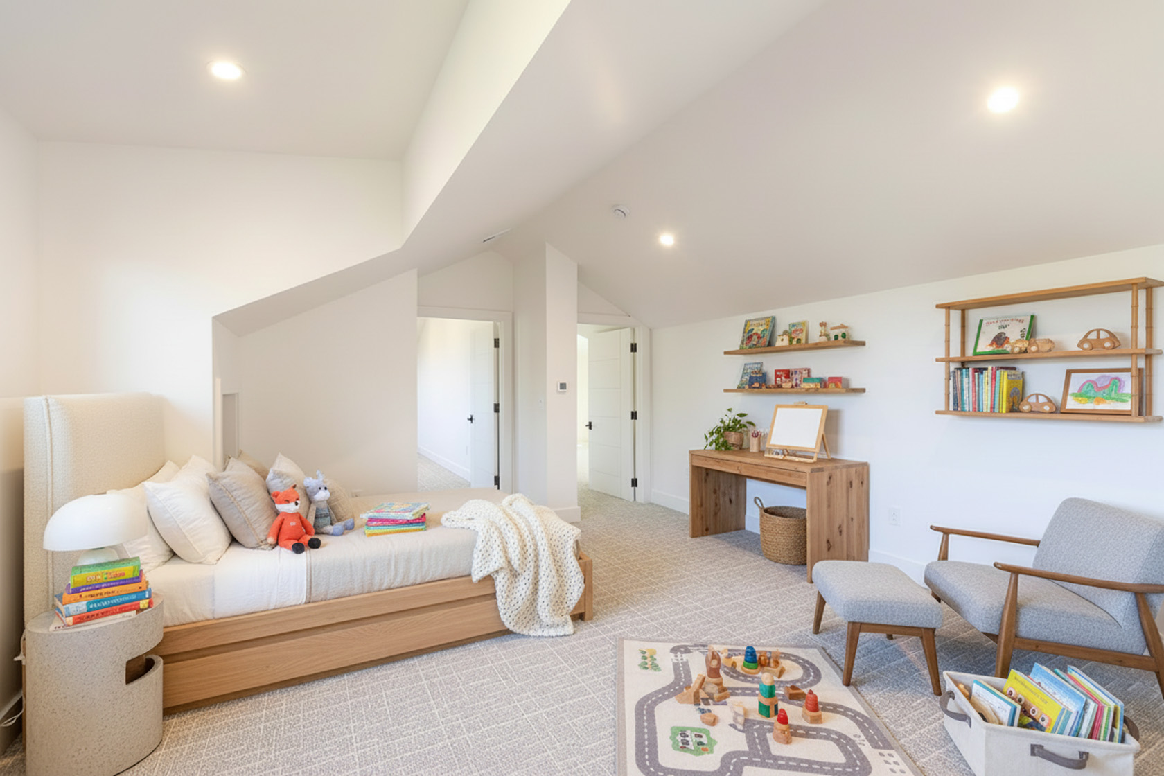 This is a bright and inviting children's bedroom featuring a twin-sized bed with soft linens and decorative pillows. A small desk area with floating shelves provides space for homework or crafts. The room also includes a play area with a rug and toys, exuding a playful yet organized atmosphere.