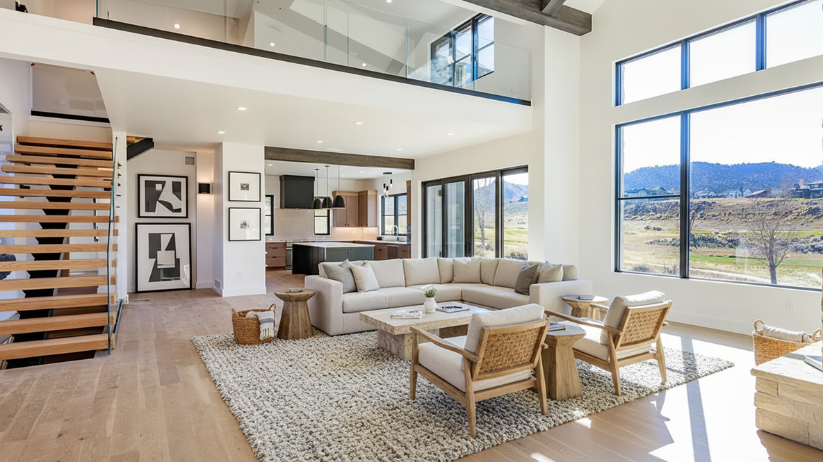 This bright and airy living room features a large sectional sofa, contemporary armchairs, and a neutral color palette. The open floor plan seamlessly connects the living area to the kitchen, enhancing the sense of spaciousness. Large windows offer picturesque views of the surrounding landscape, creating an inviting and luxurious atmosphere.