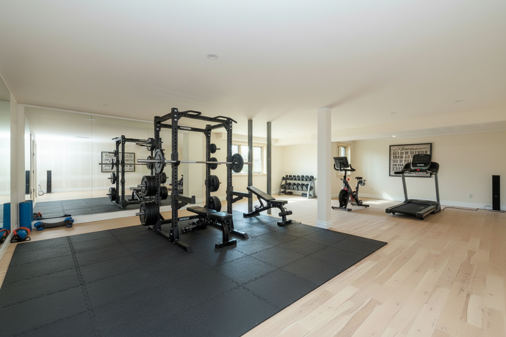 This interior shot showcases a well-equipped home gym. Rubber flooring covers the workout area with a weight rack, bench, and barbell setup. Complementing the strength training area is an exercise bike, treadmill, and dumbbell rack, creating a complete fitness space.