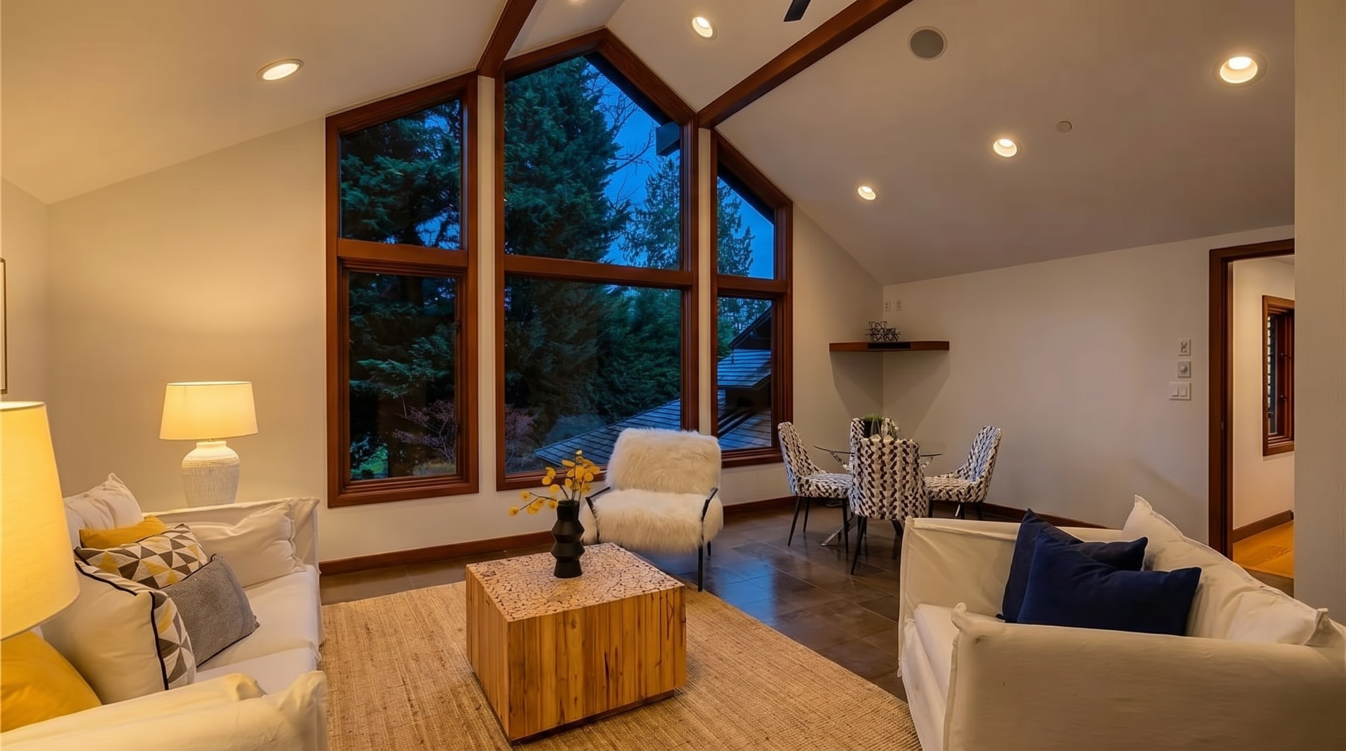 This living room features a spacious, light-filled layout with vaulted ceilings and large, dramatic picture windows that offer a scenic view of the surrounding trees. The space is anchored by a unique, organic-style wooden coffee table and contemporary seating, while neutral tones and warm lighting create a comfortable and inviting atmosphere. A small dining area is integrated seamlessly into the floor plan, enhancing the room's open and airy appeal.
