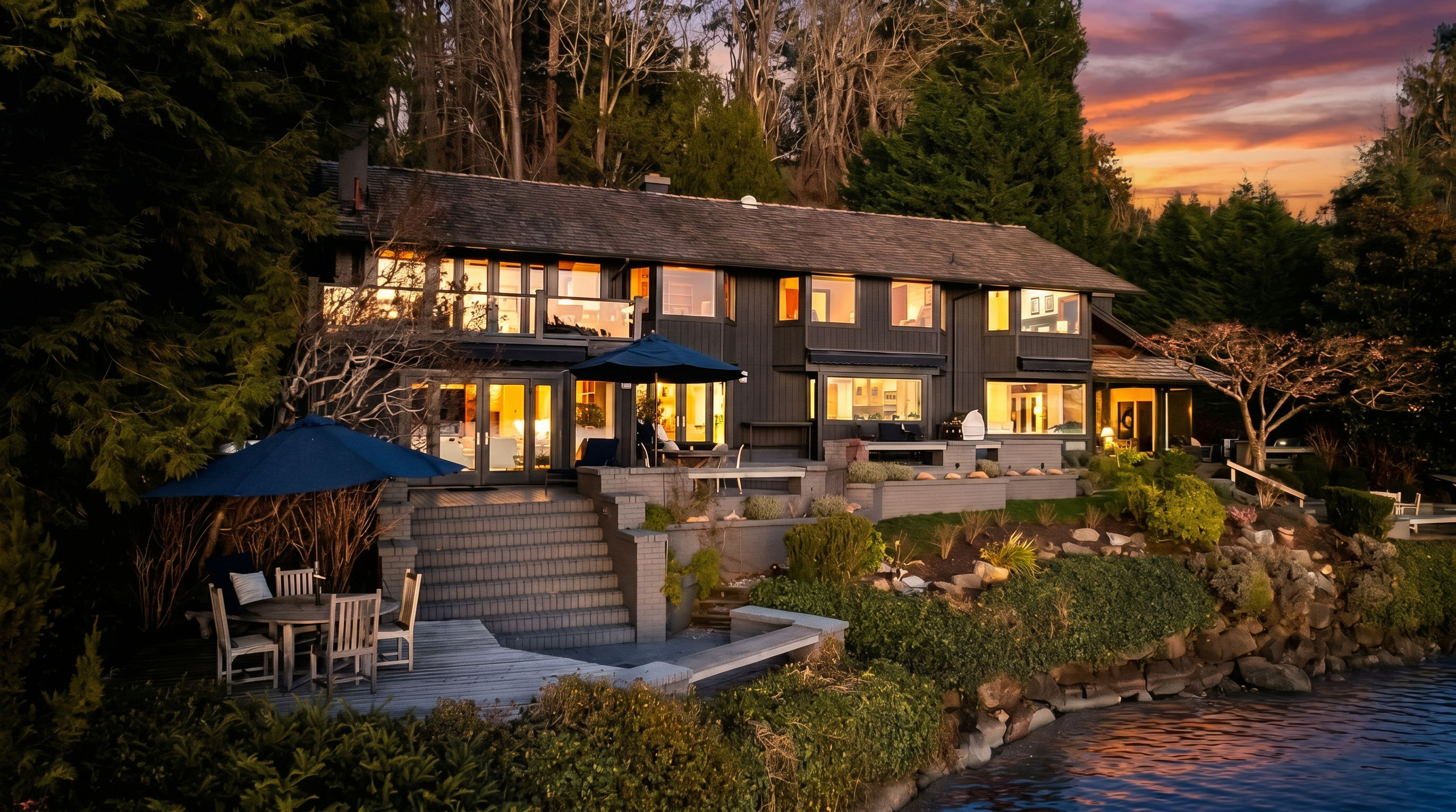 This stunning waterfront estate features a multi-level deck and stone patio, ideal for outdoor entertaining and enjoying lake views. The dark, modern exterior siding contrasts beautifully with the warm glow from the interior lights and the natural landscape of trees and vegetation. A private staircase connects the upper patio to a lower wooden deck, offering a sophisticated and tranquil lakeside living experience.