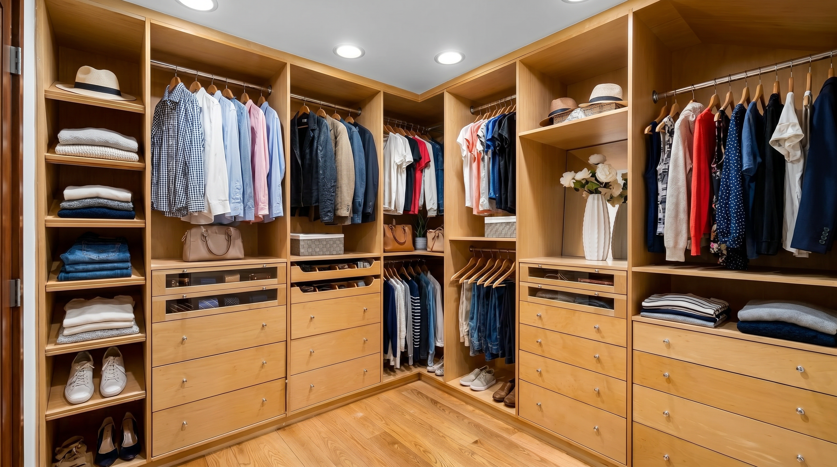 This spacious and organized walk-in closet features custom light wood cabinetry with a blend of open shelving, hanging racks, and pull-out drawers. The design provides extensive storage for clothing, accessories, and shoes, accented by recessed ceiling lighting that creates a bright and welcoming atmosphere. The natural wood flooring and clean, minimalist layout highlight a modern and functional aesthetic perfect for a high-end home.