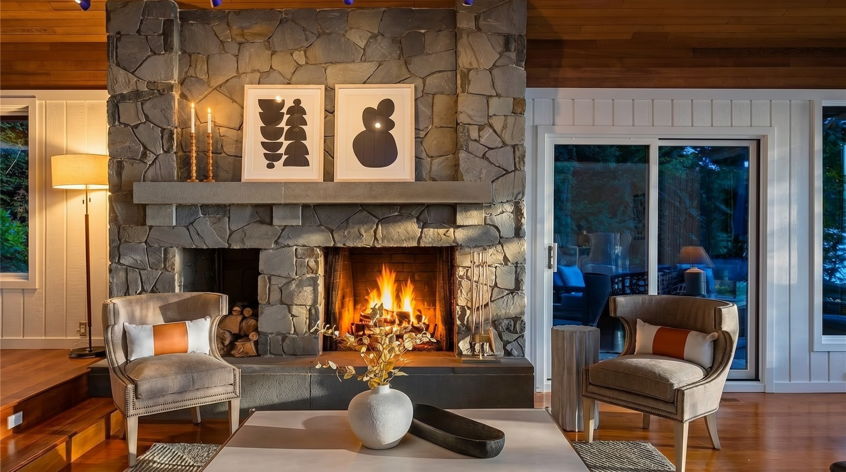 This inviting living room centers around a majestic floor-to-ceiling stone fireplace that provides a rustic, warm aesthetic. The space is anchored by two elegant tufted chairs with accent pillows, a minimal coffee table with a decorative vase, and is accented by wood-paneled ceilings and sliding glass doors that frame a view of the outdoors. The blending of natural stone, warm wood, and soft lighting creates a sophisticated yet cozy atmosphere.