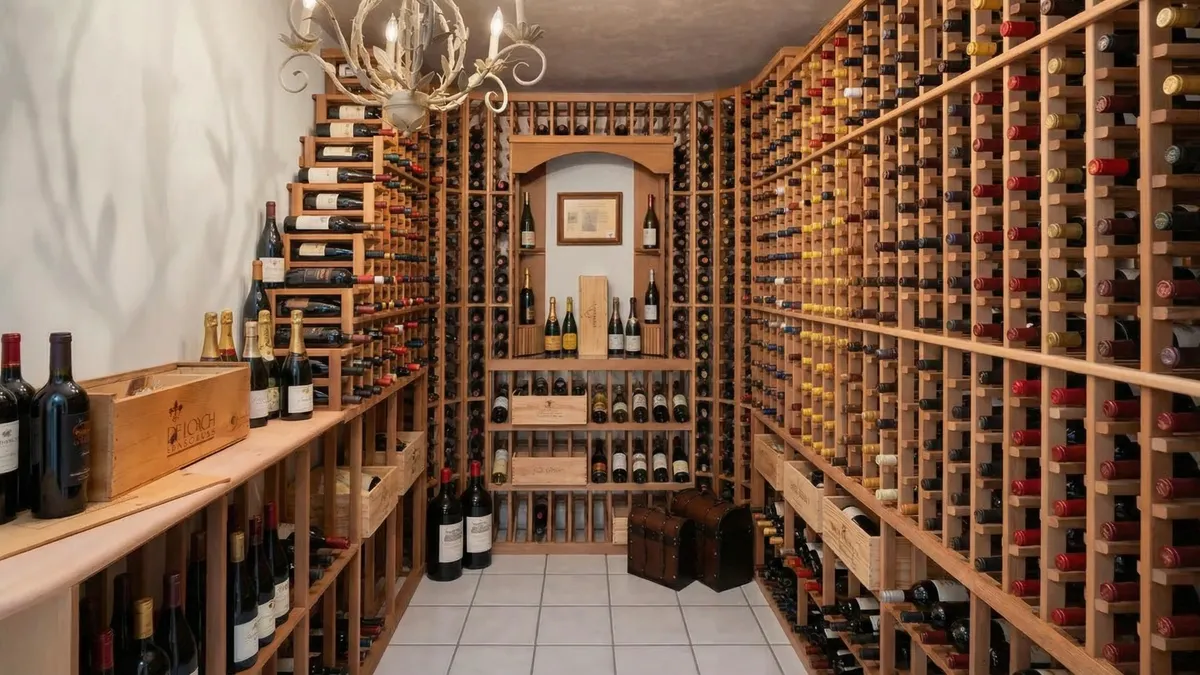 This is a well-stocked wine cellar with wooden racks filled with numerous wine bottles. The cellar features a classic chandelier, decorative storage trunks, and organized shelving, creating a sophisticated atmosphere. The lighting and tiled flooring enhance the cellar's aesthetic appeal, ideal for a wine enthusiast's home.