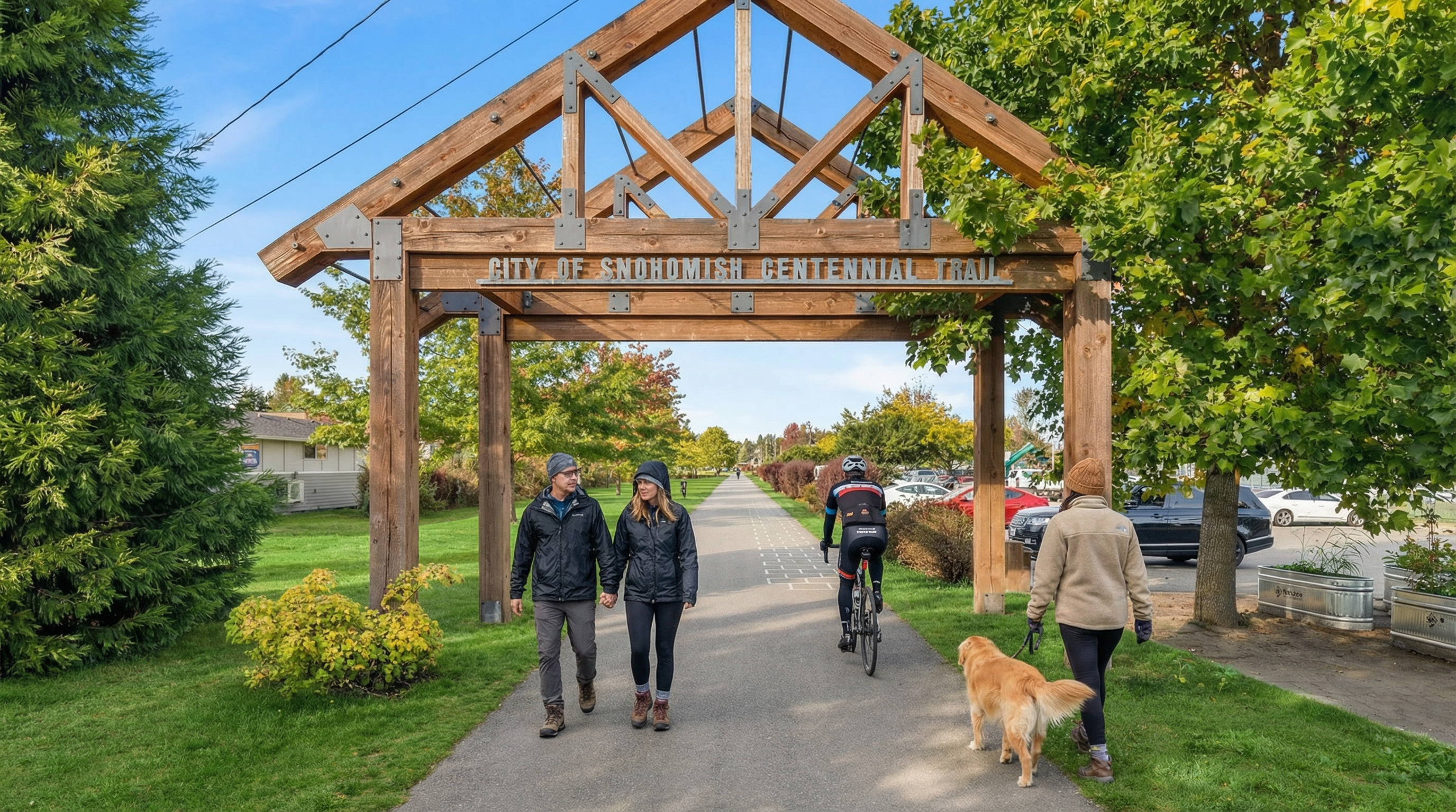 This image showcases the City of Snohomish Centennial Trail, a community amenity that enhances the desirability of homes in the area. The well-maintained trail is used by walkers, cyclists, and dog owners, emphasizing an active lifestyle. The wooden entrance structure adds architectural interest and a clear sense of place.